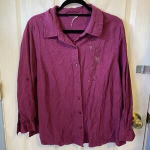 Women’s Size XL Linen Button Up Shirt Relaxed Fit Purple Floral Embroidery Beach